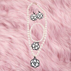 Upcycled Pearl Camellia Necklace & Earring Set